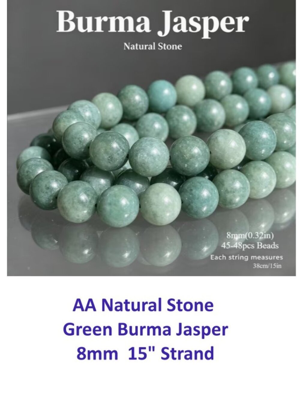 AA Natural Stone  Green Burma Jasper 8mm  15" Strand